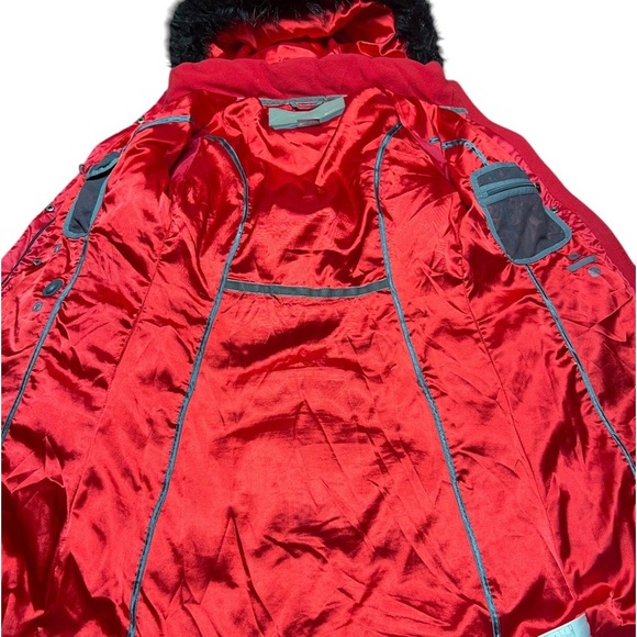 Nike Y2K Duck Down Black & Red Faux Fur Hooded Puffer Long Coat ~ Size M - Picture 8 of 9